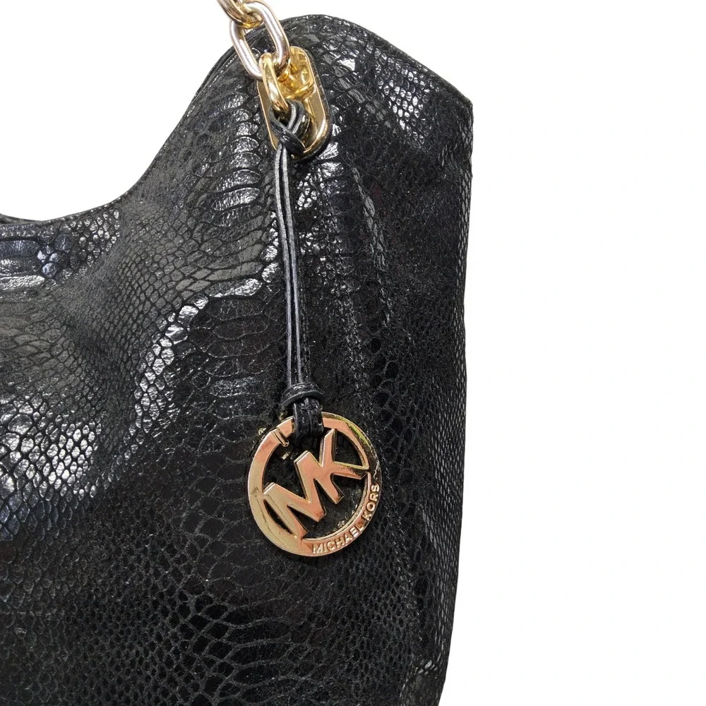 Michael Kors Fulton Shoulder Bag‎ Womens Large Black Snake Embossed Leather Gold